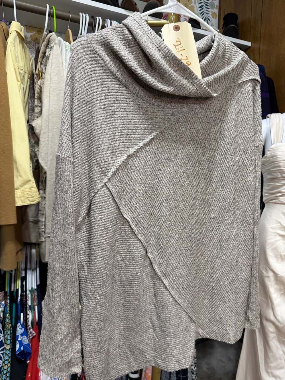 Retrology Cowl Neck Sweater Size M/M Grey Ribbed Asymmetric Hem